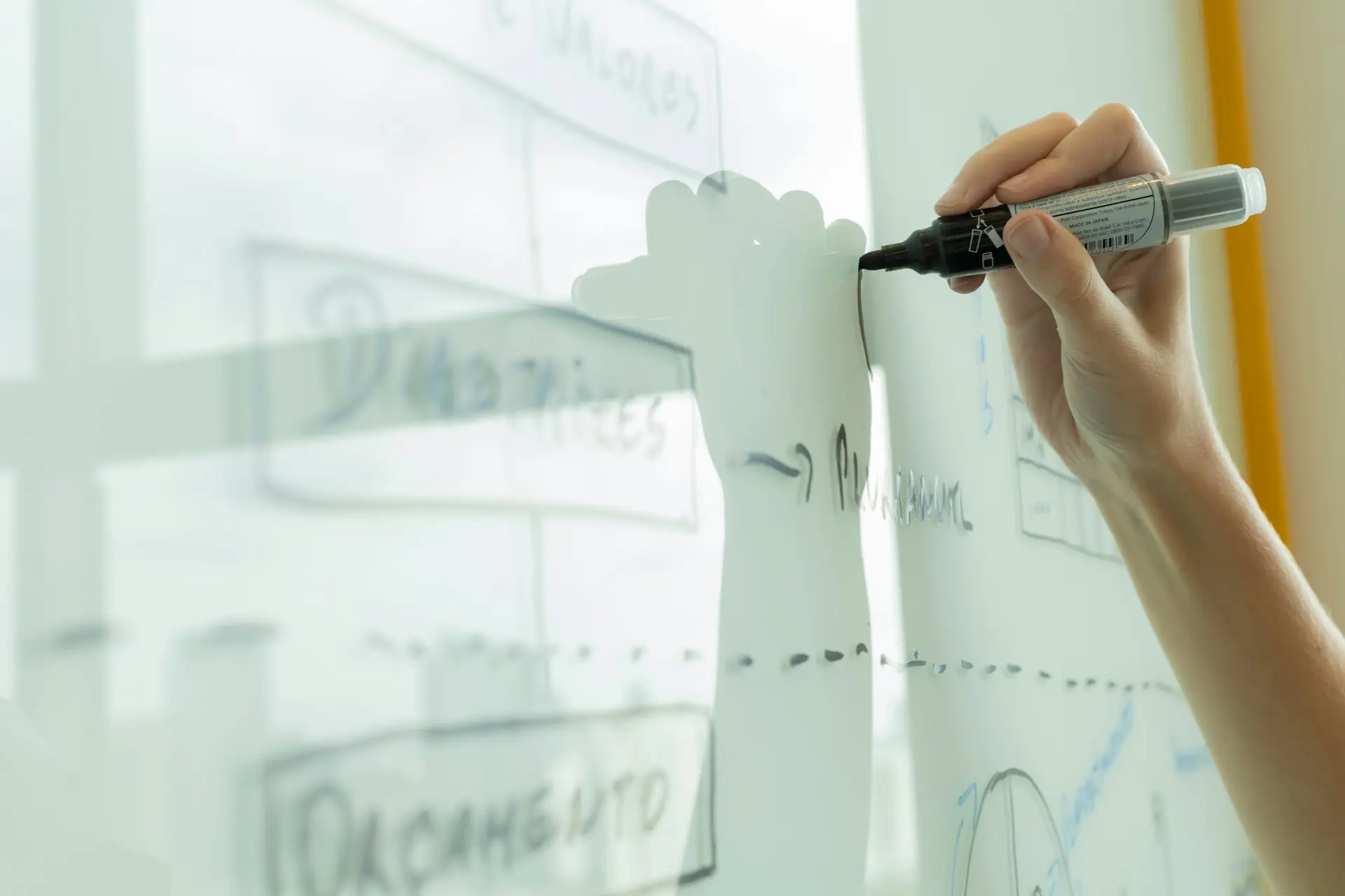 A person writing on a white board